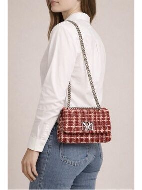 Badgley Mischka Red Plaid Tweed Silver Chain Shoulder Bag